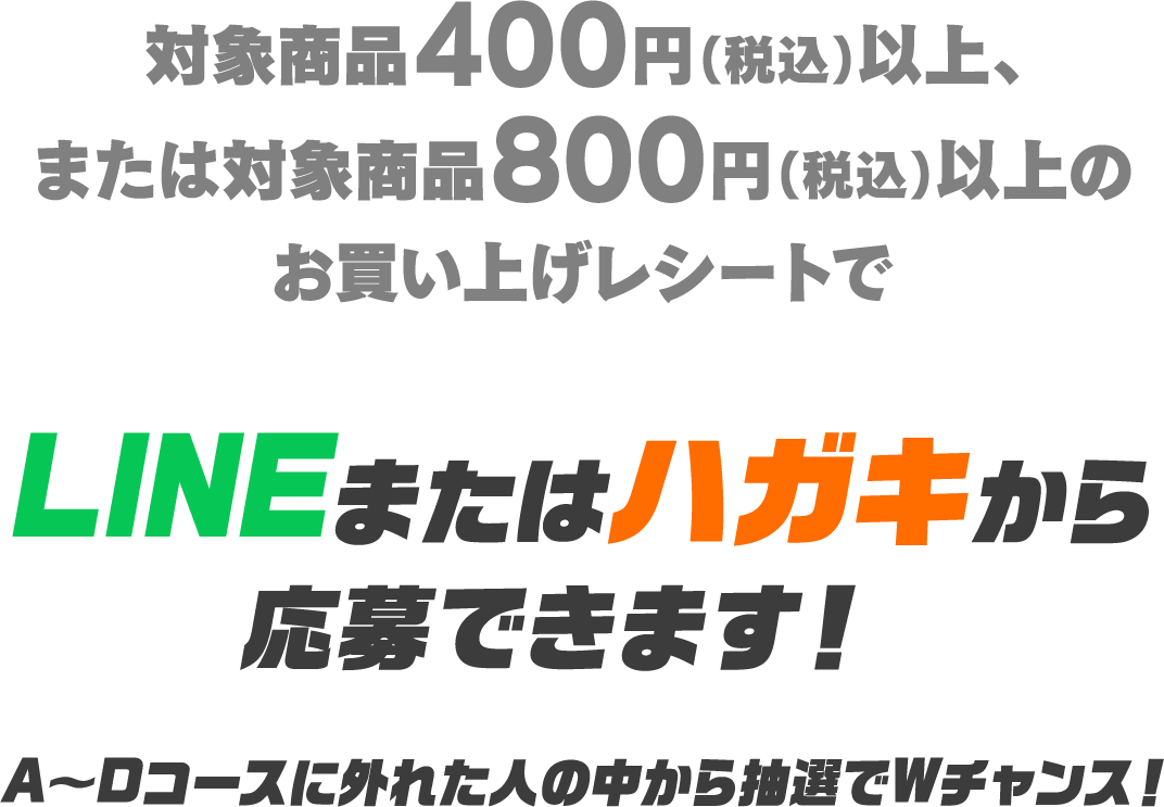 対象商品400円(税込)以上、または対象商品800円(税込)以上のお買い上げレシートでLINEまたはハガキから応募できます！！ A～Dコースに外れた人の中から抽選でWチャンス！