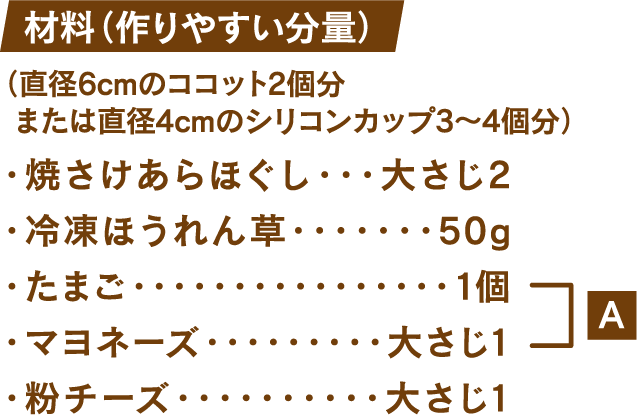 材料(作りやすい分量) (直径6cmのココット2個分または直径4cmのシリコンカップ3～4個分) 焼さけあらほぐし：大さじ2 冷凍ほうれん草：50g たまご：1個 マヨネーズ：大さじ1 粉チーズ：大さじ1