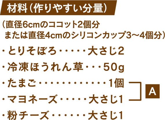 材料(作りやすい分量) (直径6cmのココット2個分または直径4cmのシリコンカップ3～4個分) とりそぼろ：大さじ2 冷凍ほうれん草：50g たまご：1個 マヨネーズ：大さじ1 粉チーズ：大さじ1