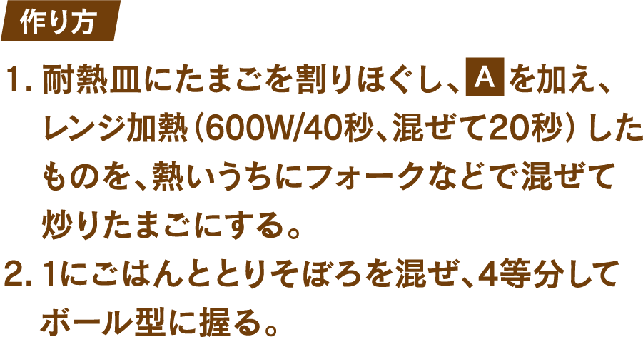 作り方 1.耐熱皿にたまごを割りほぐし、砂糖ふたつまみと塩ひとつまみを加え、レンジ加熱(600W/40秒、混ぜて20秒)したものを、熱いうちにフォークなどで混ぜて炒りたまごにする。 2.1にごはんととりそぼろを混ぜ、4等分してボール型に握る。