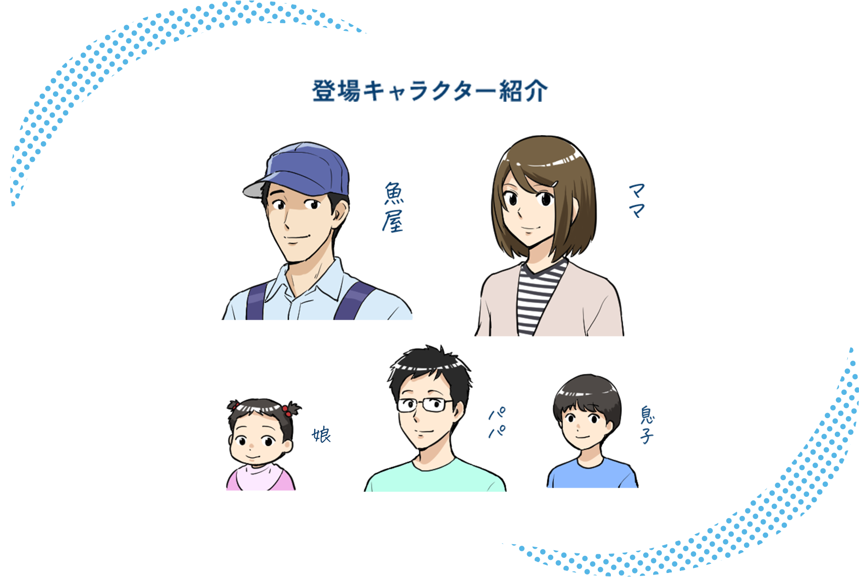 登場キャラクター紹介 魚屋 ママ 娘 パパ 息子