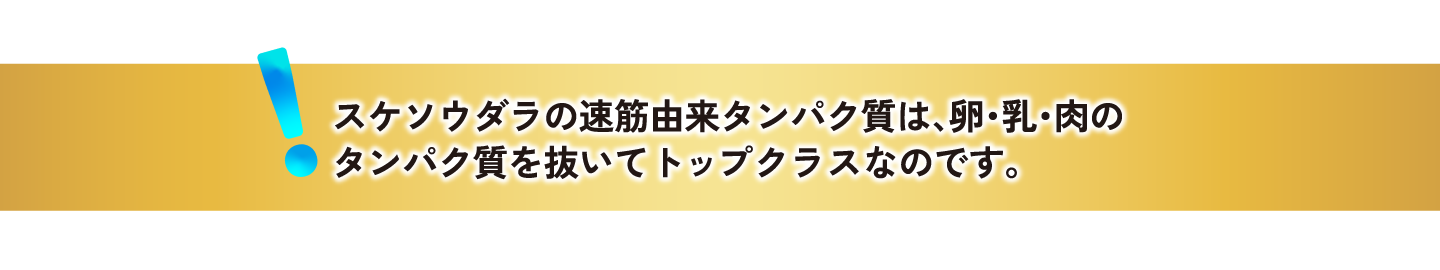 スケソウダラの速筋由来タンパク質は、卵・乳・肉のタンパク質を抜いてトップクラスなのです。