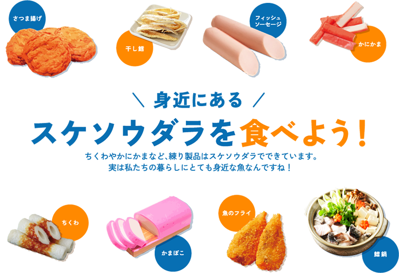 身近にあるスケソウダラを食べよう！ちくわやかにかまなど、練り製品はスケソウダラでできています。実は私たちの暮らしにとても身近な魚なんですね！ さつま揚げ 干し鱈 フィッシュソーセージ かにかま ちくわ かまぼこ 魚のフライ 鱈鍋